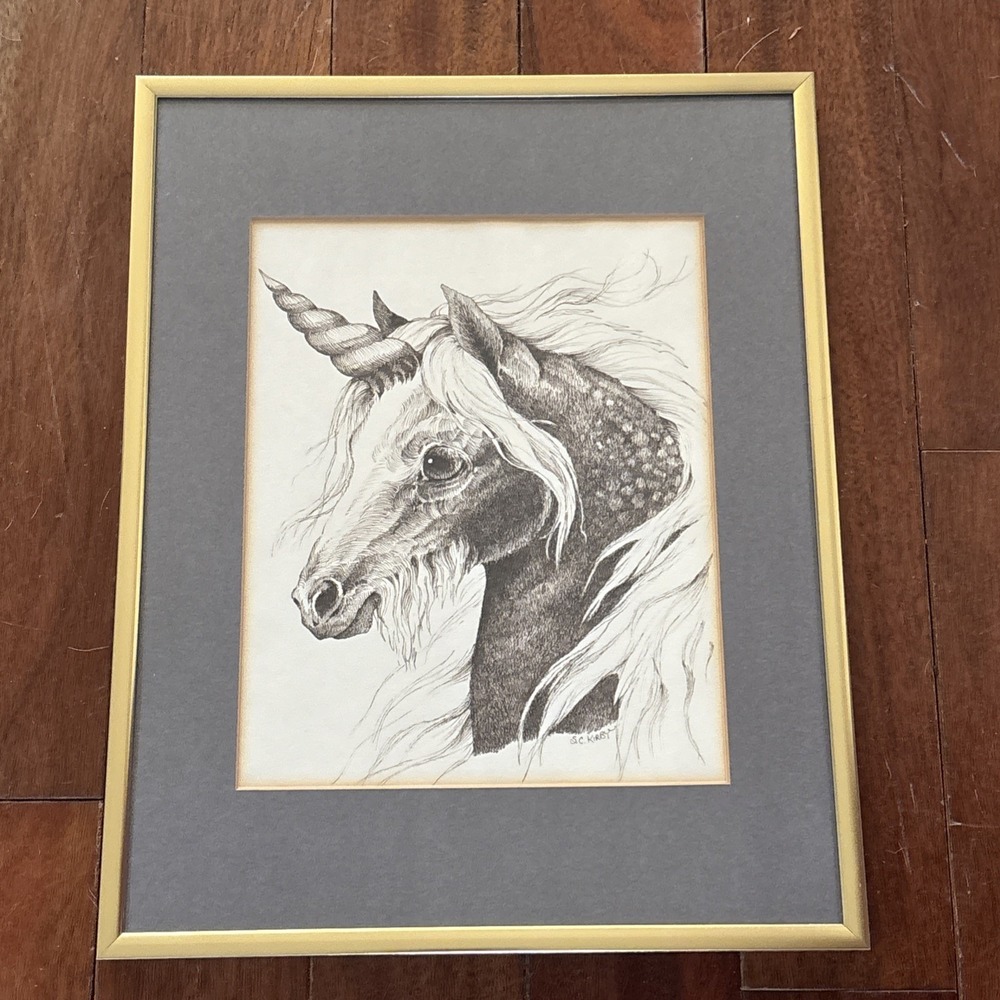 VTG 80s S.C. Kirby Signed Unicorn Pencil Drawing Paper Gold Metal Frame 11x14"